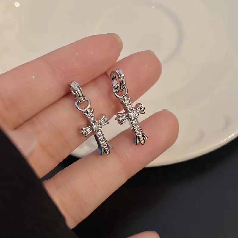 New Chinese Style Cross Earring Pendant Rhinestone Simple Cross Earrings for Women