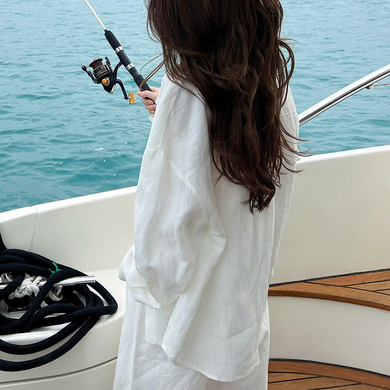 White Old Money Linen Shirt for Women 2026 Summer New Casual Long-Sleeve Cardigan Top Jacket