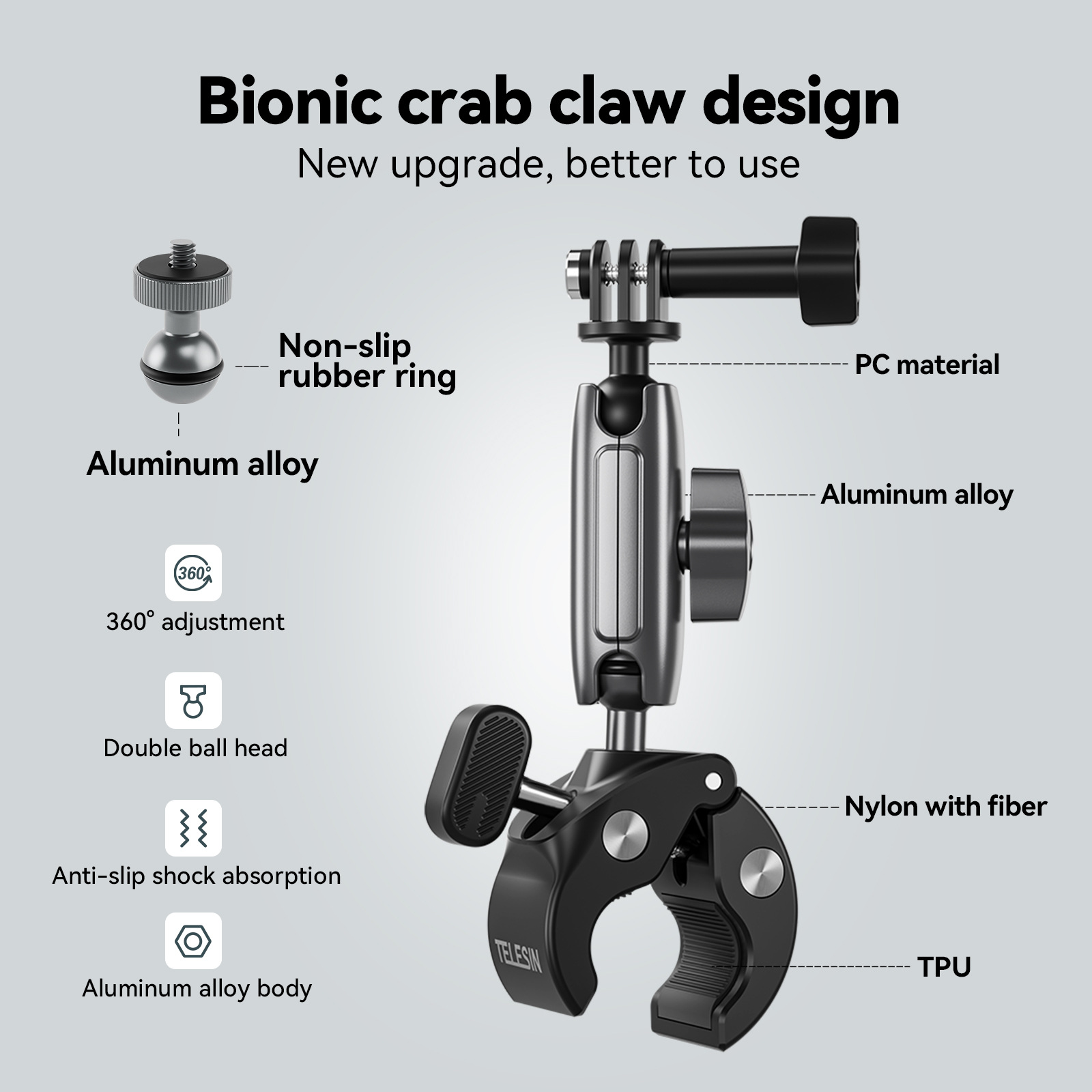 TELESIN Aluminum Alloy Universal Crab Tube Clamp for Action Camera Bicycle Motorcycle Mount