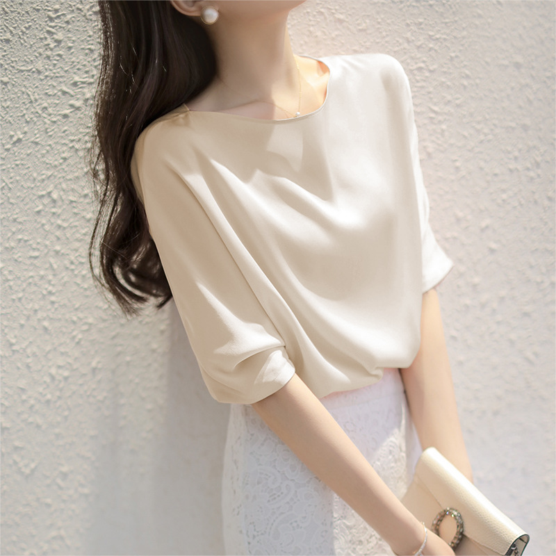 2026 Early Autumn S298 Small Lapel Blouse Women Summer Silk Top Half Sleeve Shirt