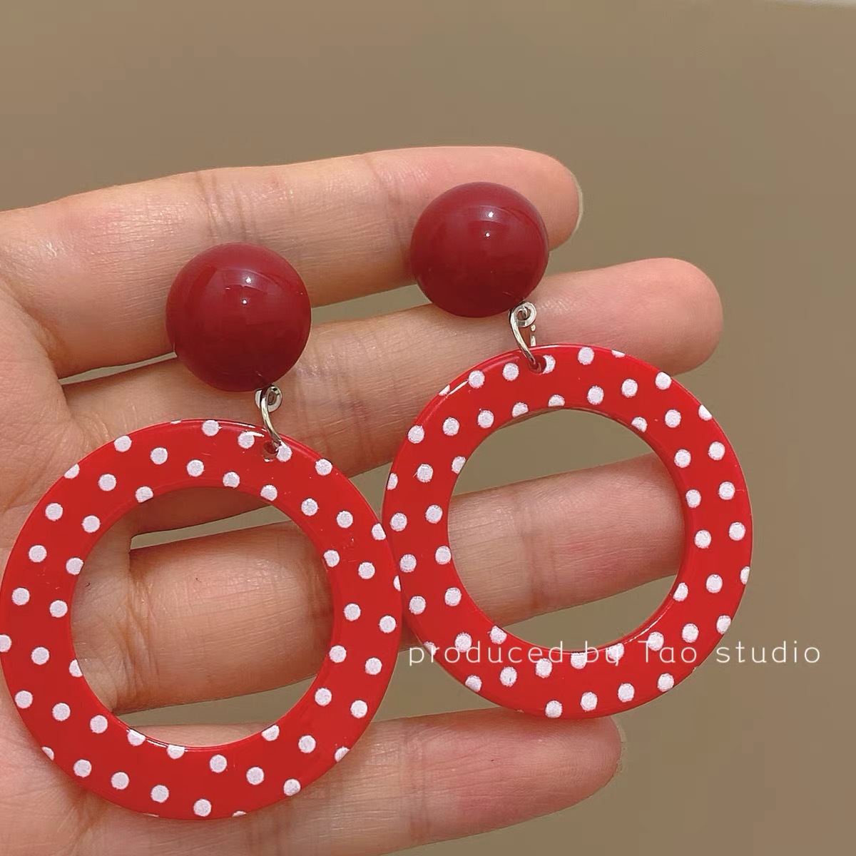 Exaggerated earrings playful girl red polka dot circle ear accessories dopamine ear studs