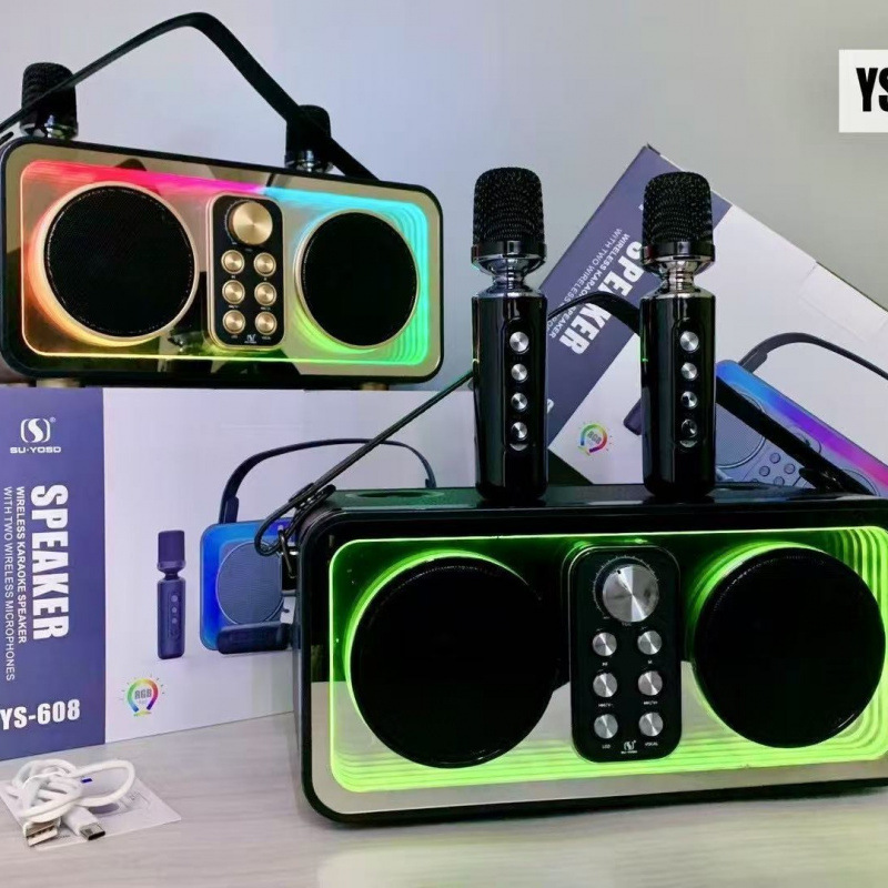 YS608 portable outdoor home leather grain high power 3600 mAh dual wireless mic K song speaker