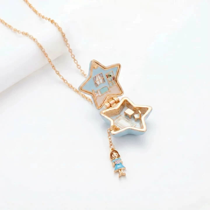 Pink-gold openable photo frame necklace for women, five-pointed star and heart, cute and popular gift necklace
