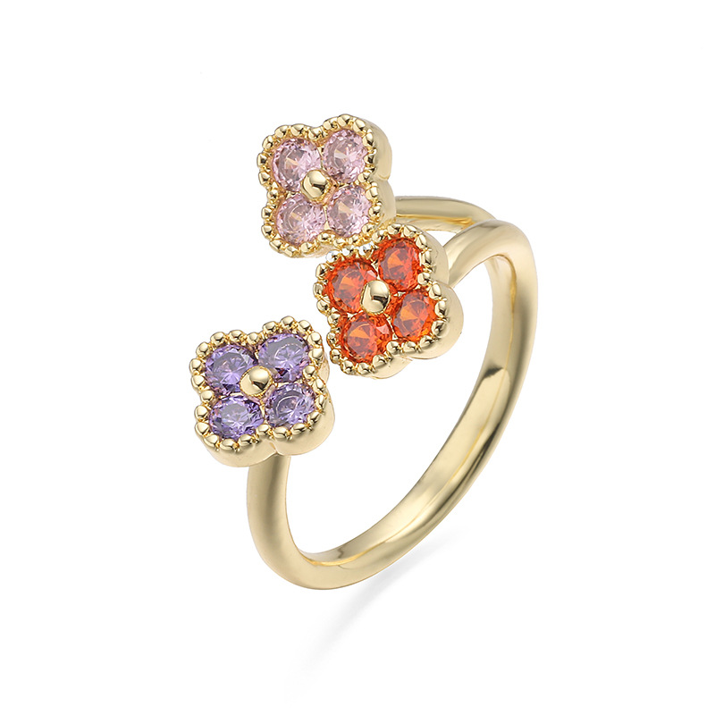 Copper Inlaid Colorful Diamond Lucky Four-Leaf Clover Ring, Exquisite Super Shiny Flower Petals Open Adjustable Ring