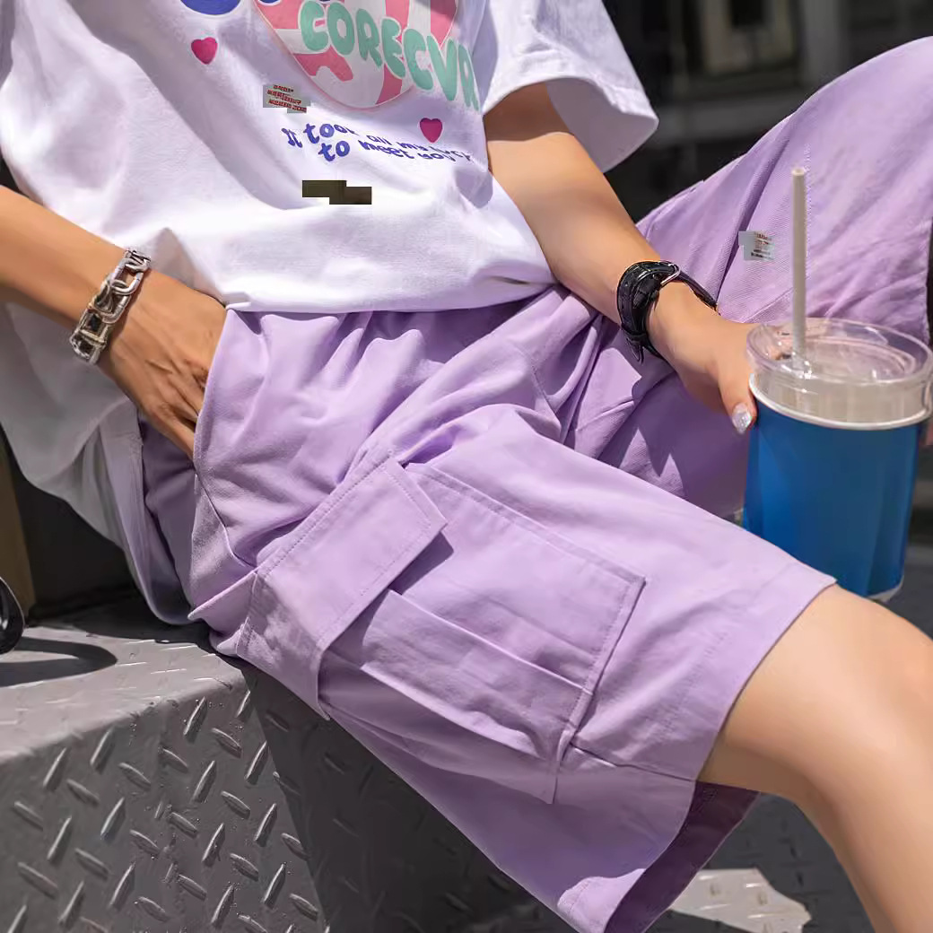Plus size women summer thin high waist wide-leg 300 jin casual mid-length pants straight leg plus size elastic waist cargo pants five-tenths pants