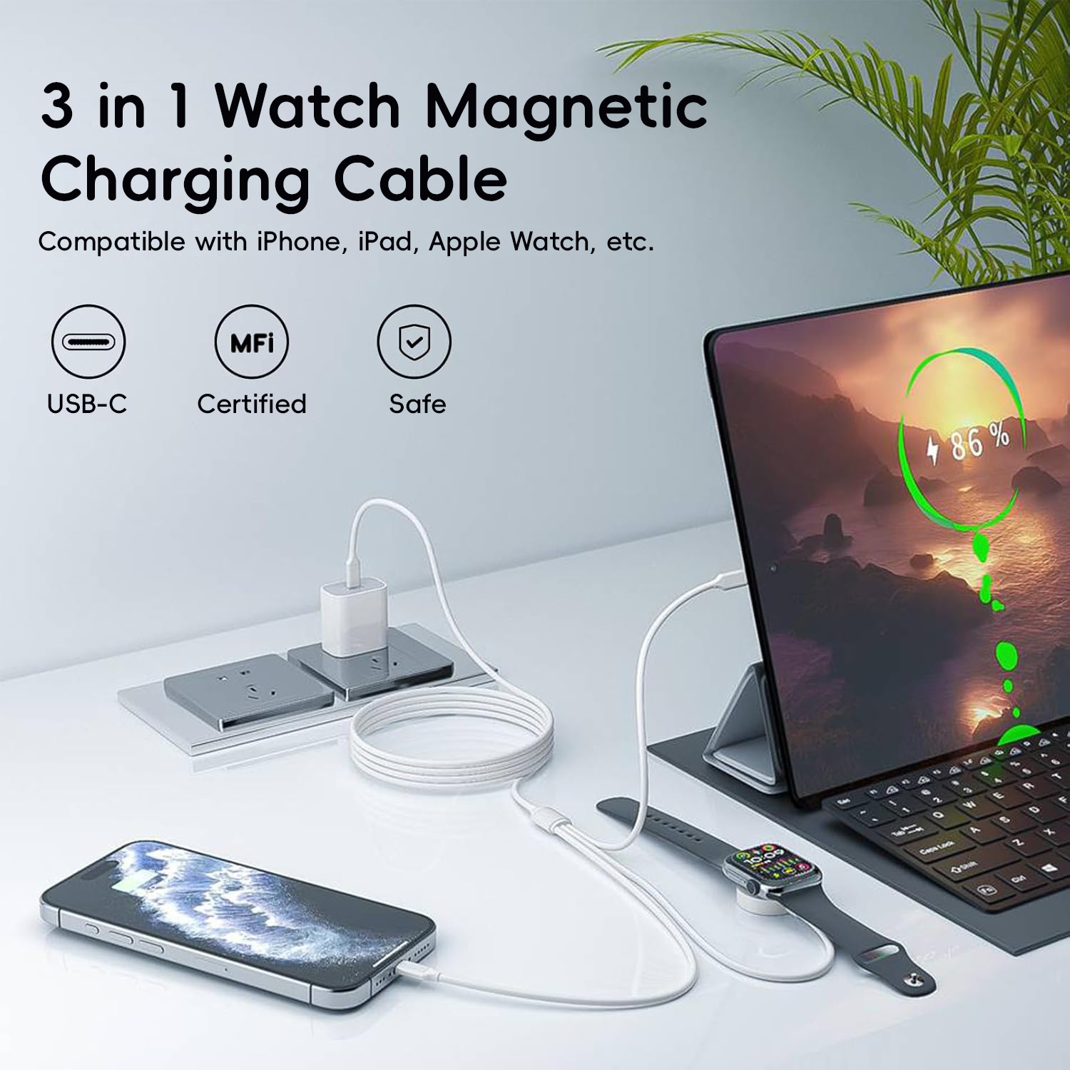 Compatible Apple iWatch magnetic watch charger supports 1-11 generation phone charging cable 3-in-1 multifunctional