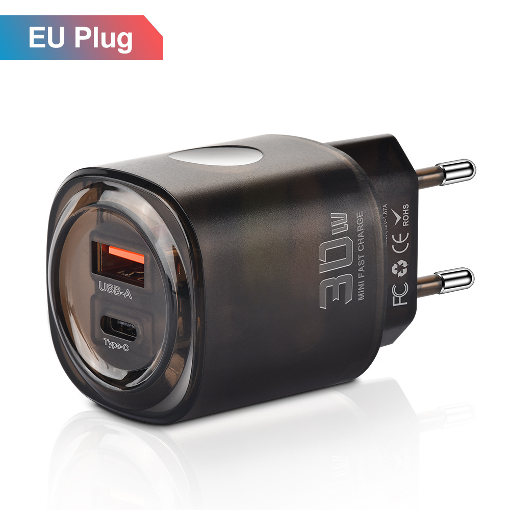 30W USB+Type-C Dual Port Fast Charging Phone Charger PD US/EU Travel Charger