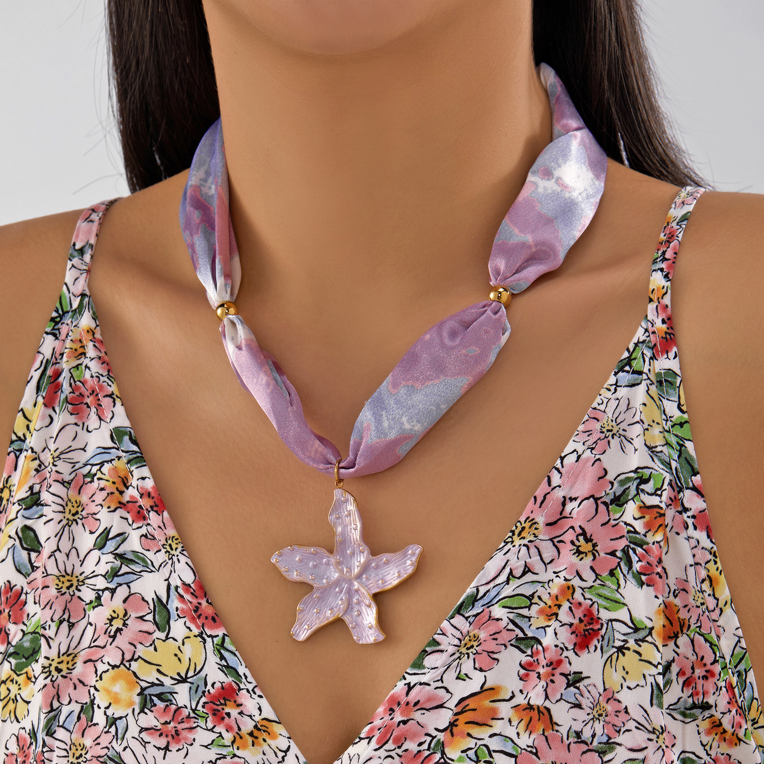 Flower Stainless Steel Pendant Ribbon Necklace Women Ocean Style Niche Stainless Steel Chain