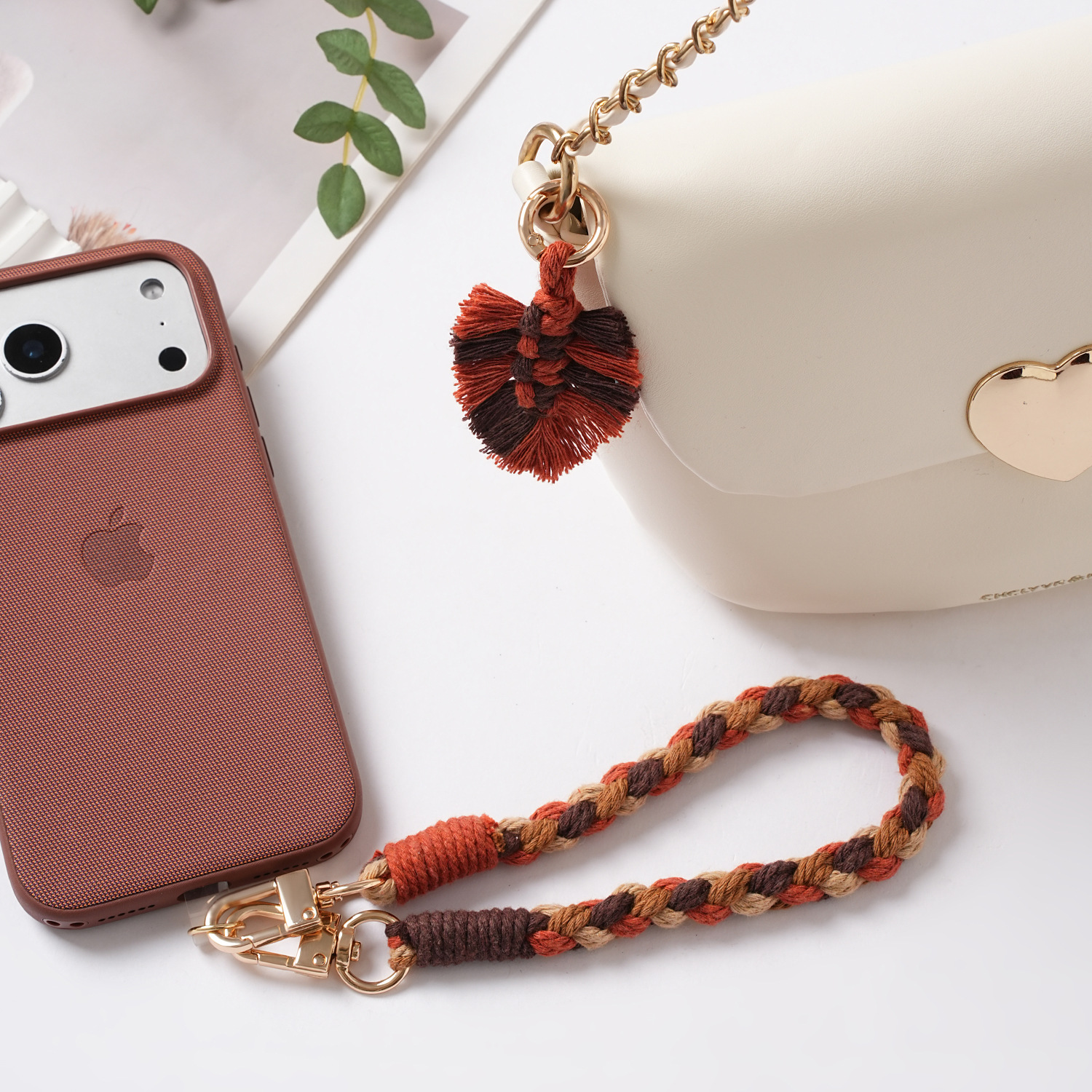 Phone Lanyard Handwoven Tassel Leaf Phone Chain Wrist Strap Bag Strap