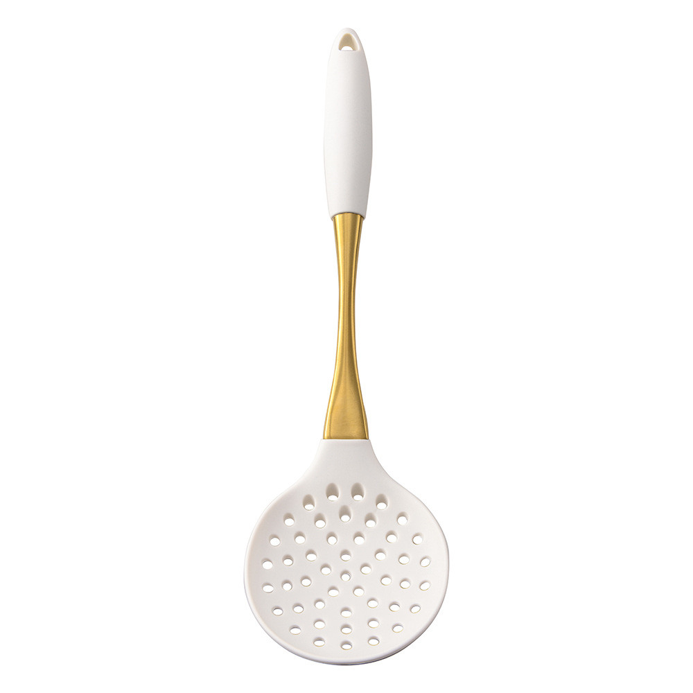 304 Stainless Steel Gold Plated Handle Silicone Cooking Kitchenware Silent Spatula Soup Spoon 8-Piece Set