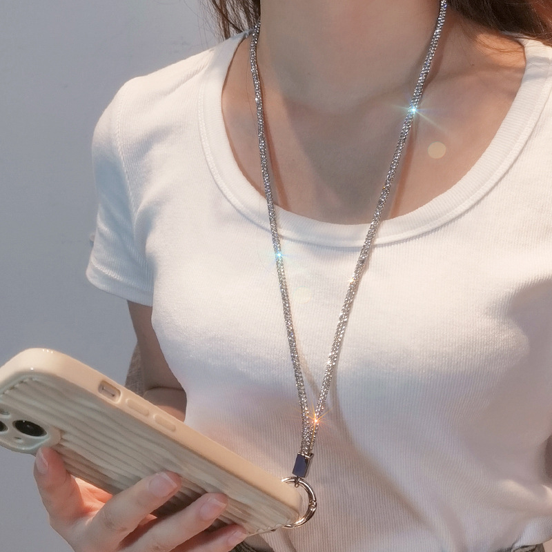 Phone strap long neck short wrist rhinestone women's luxury full diamond hanging chain clip type anti-loss