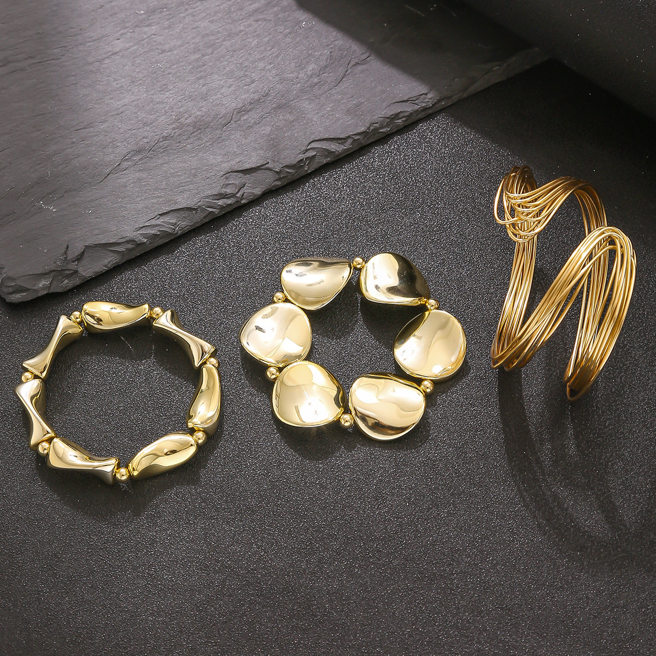 Exaggerated Geometric 3-Piece Bracelet Set Metal Irregular Open Bangle