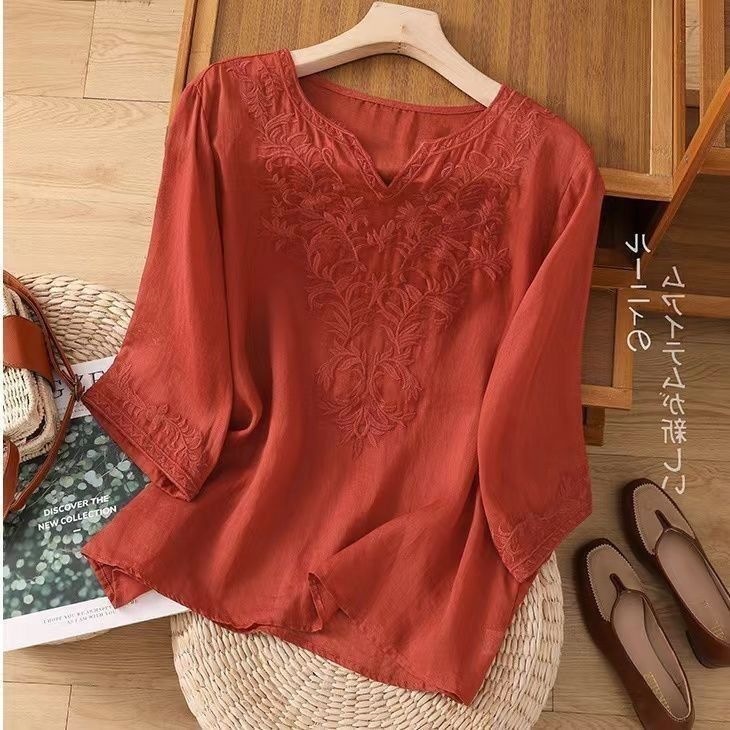 Spring summer new cotton-linen embroidered seven-point sleeve top women's loose round neck embroidered shirt