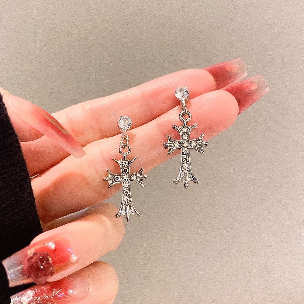 New Chinese Style Cross Earring Pendant Rhinestone Simple Cross Earrings for Women