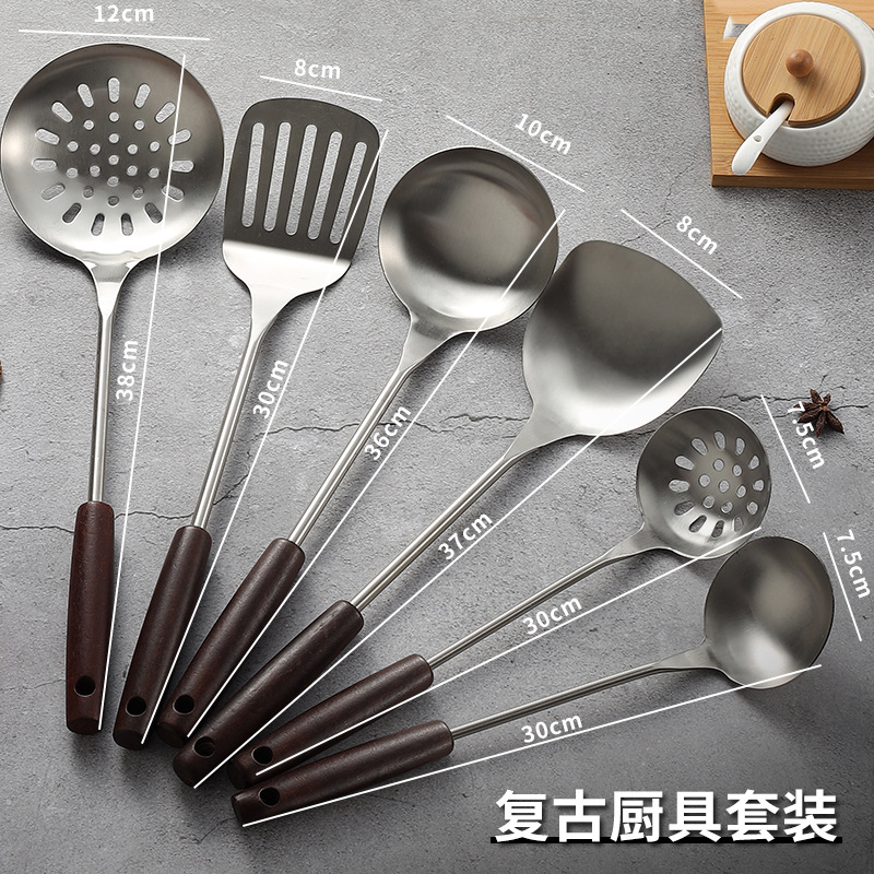 304 stainless steel spatula kitchenware set, wooden handle wok spatula, soup spoon, slotted spoon, kitchen tools