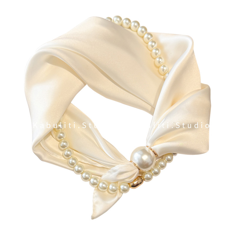 Off-white magnetic buckle pearl necklace, narrow small ears long strip silk scarf for women, neck protection matching shirt thin scarf