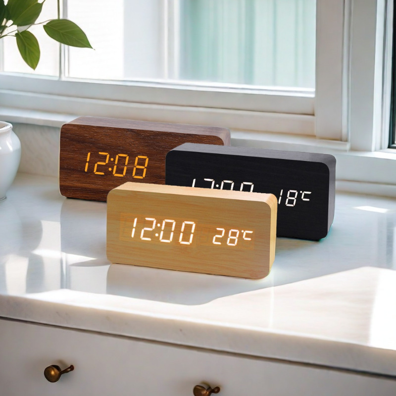 LED Wooden Clock Electronic Clock Wooden Digital Clock Voice Control Thermometer Electronic Alarm Clock