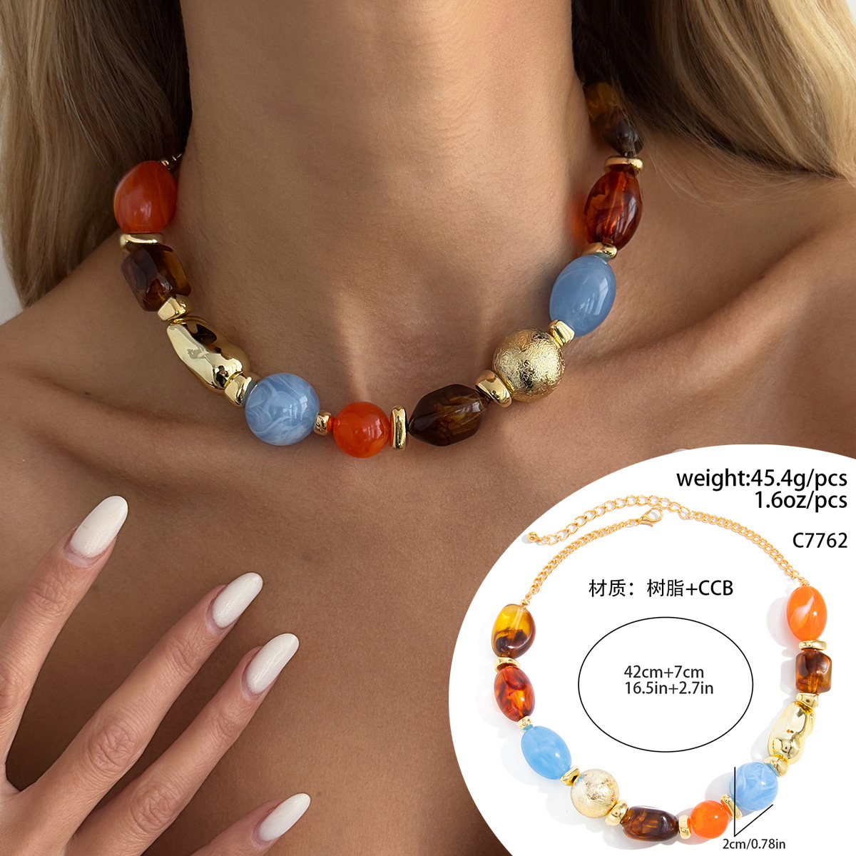 Bohemian colorful resin beaded necklace irregular CCB beads layered neck ornament