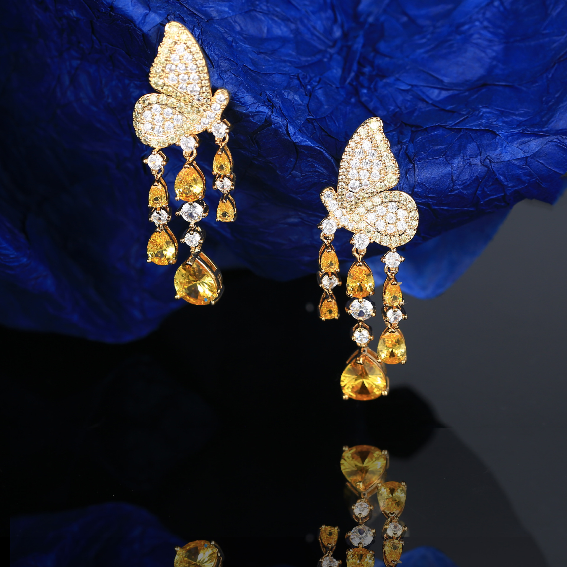 Korean micro-set zircon colored pink butterfly wing tassel drop goddess earring stud banquet annual meeting full diamond earring silver needle