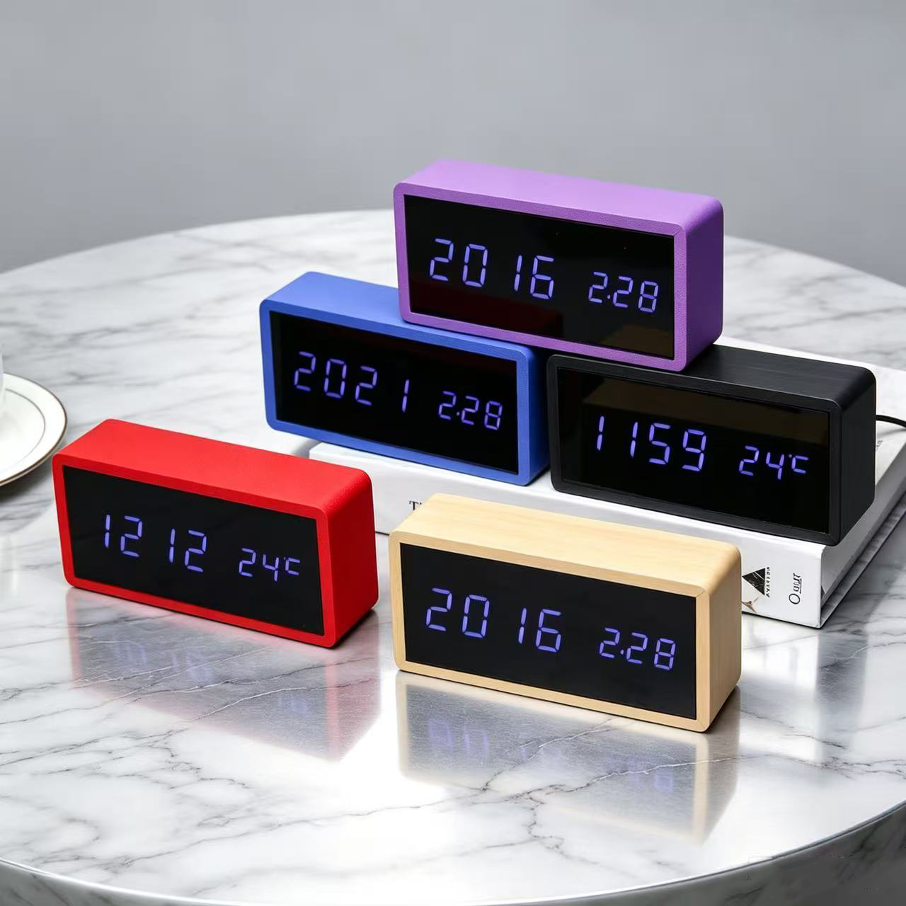 Colorful mirror clock, LED wooden clock, wooden digital clock, LED electronic clock, temperature clock, electronic alarm clock