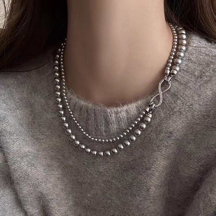 Swarovski True Multi-Ma Gray Double-Layer Layered Pearl Necklace for Women, Detachable Autumn Winter Sweater Chain Short