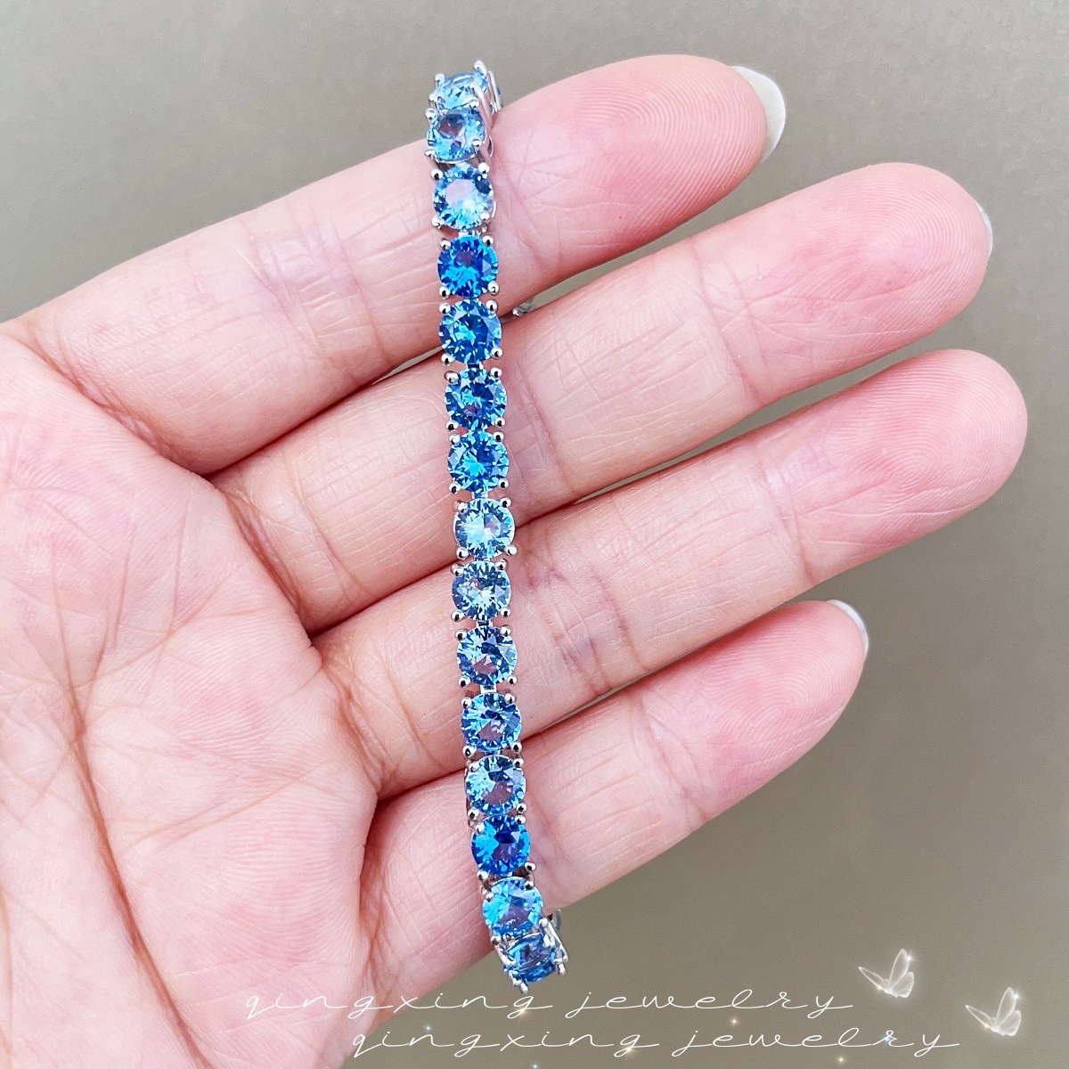 Light Sea Blue Spinel Tennis Bracelet Gradient Sea Blue Simulated Blue Topaz Simple Women's Hand Jewelry