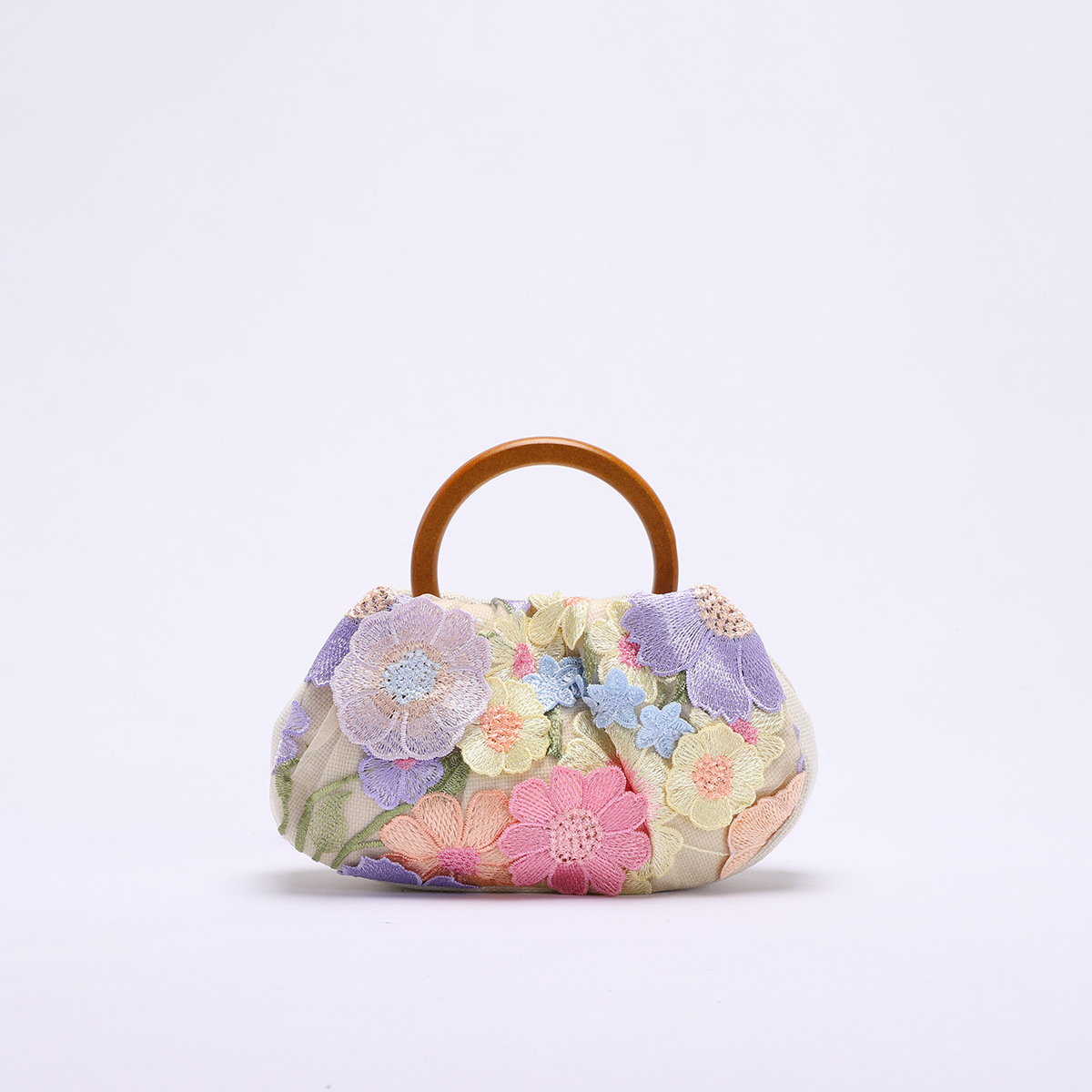 Round Ring Wooden Handle Bag Bamboo Knot Bag Applique Embroidery Vacation Style Women's Handbag Pearl Sequins Evening Bag