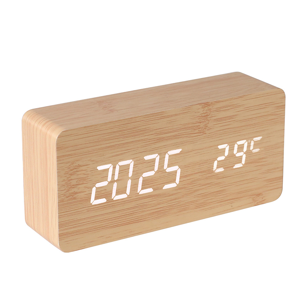 LED Wooden Clock Electronic Clock Wooden Digital Clock Voice Control Thermometer Electronic Alarm Clock