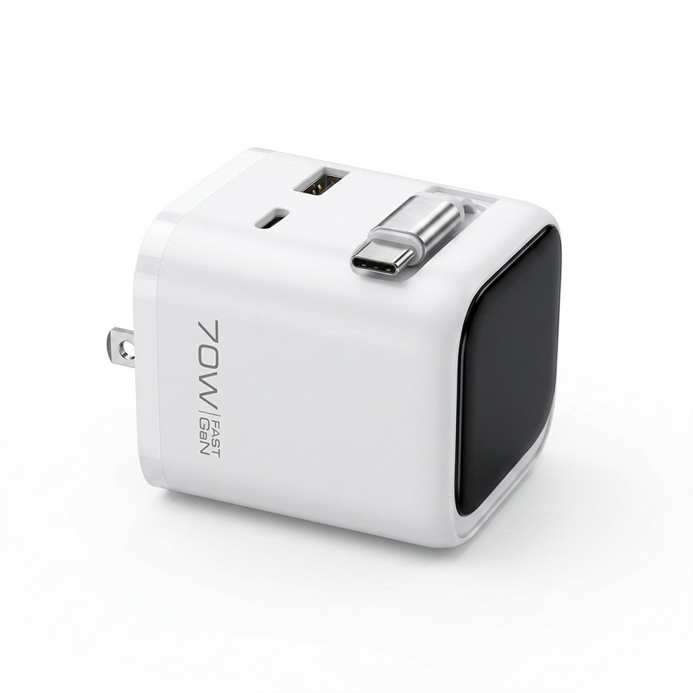 70W Smart AI Digital Display Charger with Retractable Cable for Apple Huawei Phone TFT Color Screen Charging Head
