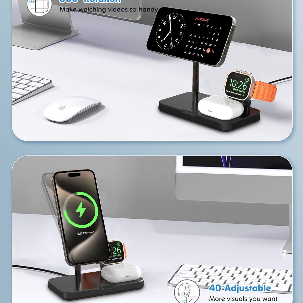 Qi2 Three-in-One Wireless Charger Supports MagSafe Magnetic Adjustable Angle 15W Fast Charging