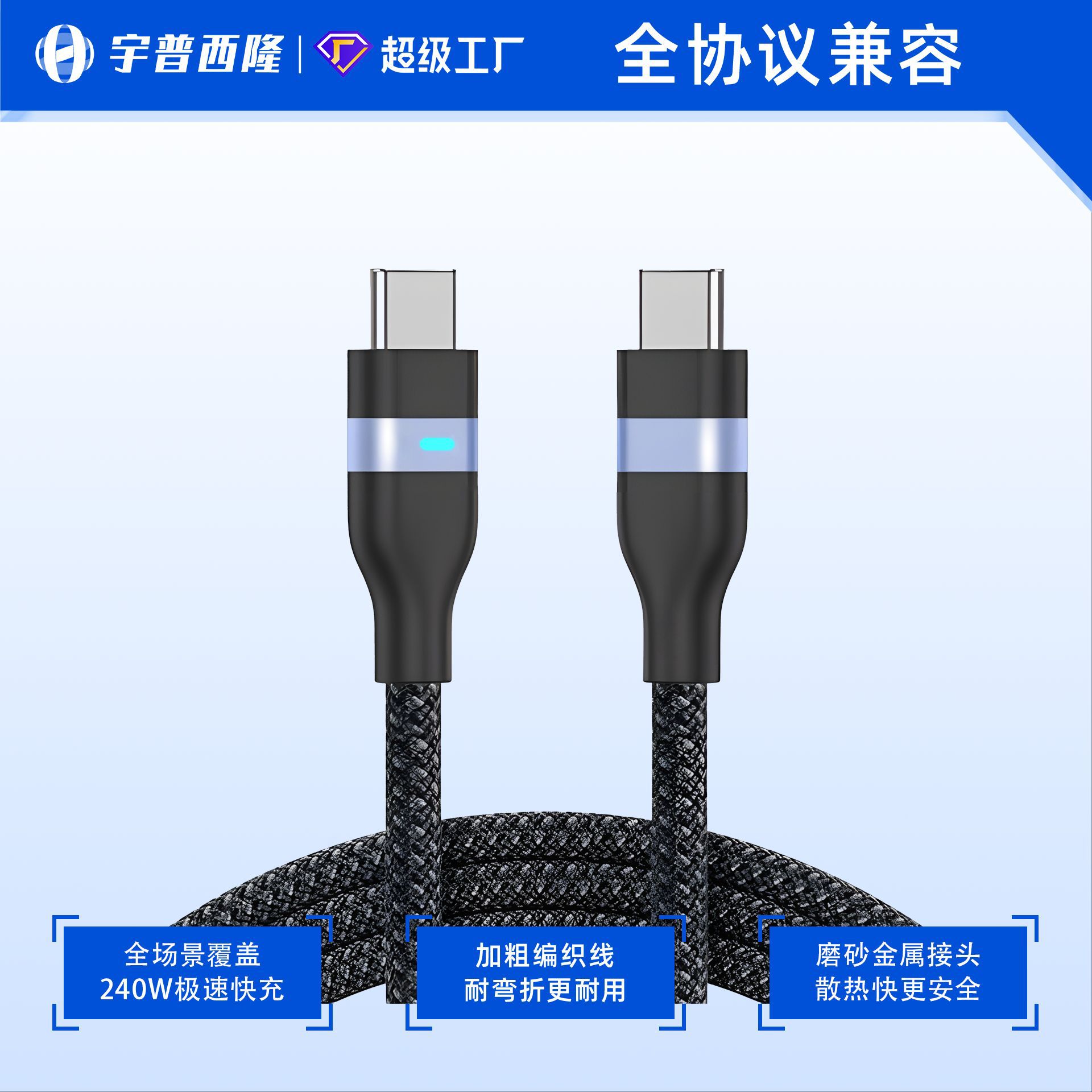 Dual Head PD240W Data Cable Nylon Braided 65W for Apple Android Huawei Fast Charging Phone Data Cable