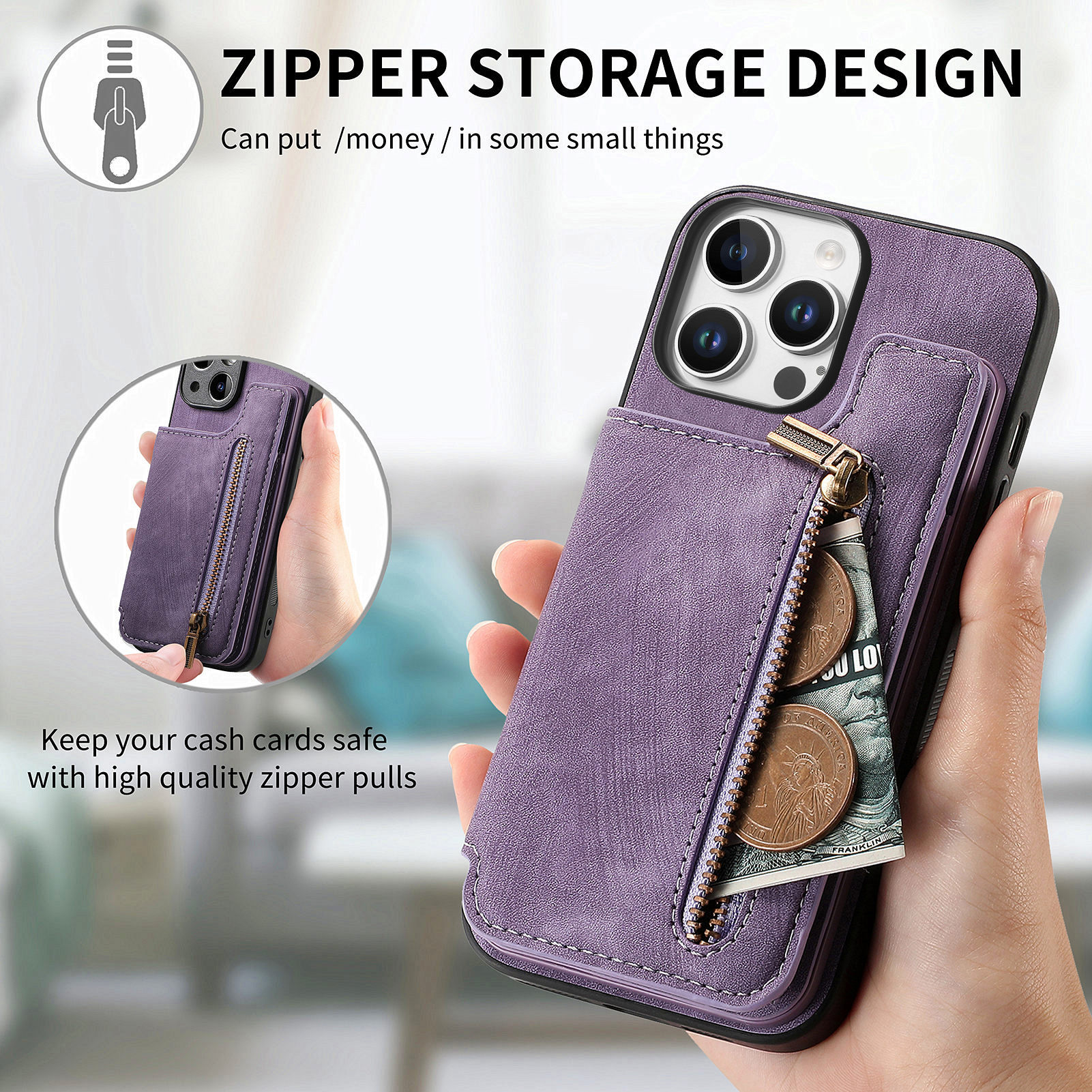 For Apple 18pro phone case left-right flip card holder iphone18 zipper card slot anti-drop leather case