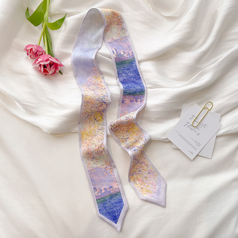 Spring and summer thin narrow ribbon, bag oil painting style small ribbon long scarf, belt, hairband