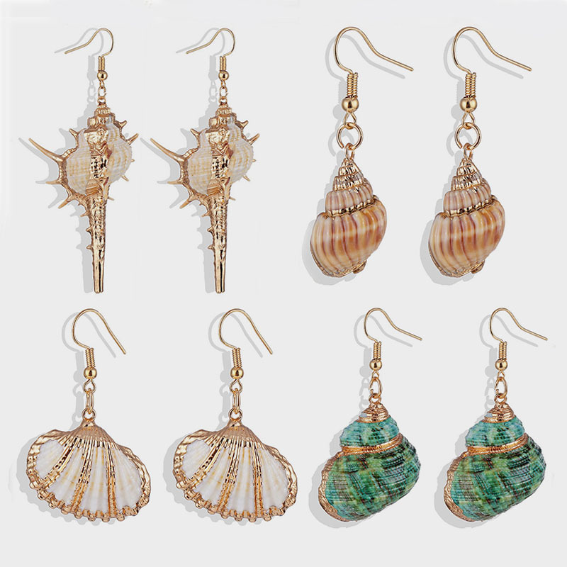 Natural Beach Shell Conch Gold-Plated Edge Earrings Bohemian Style Beach Conch Earrings