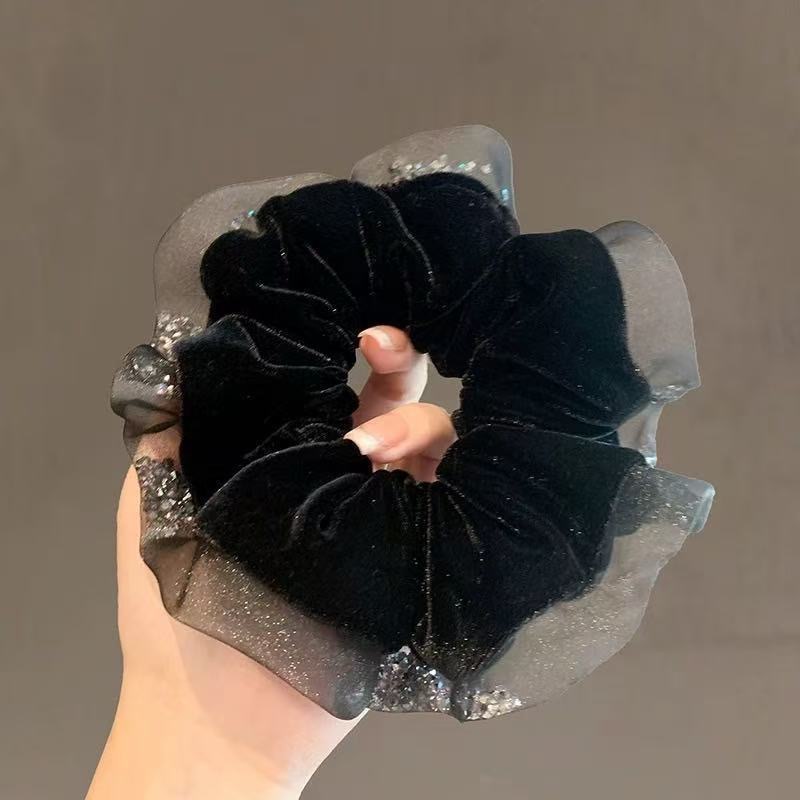 24#黑色丝绒水钻网纱花边拼接发圈约17cm
