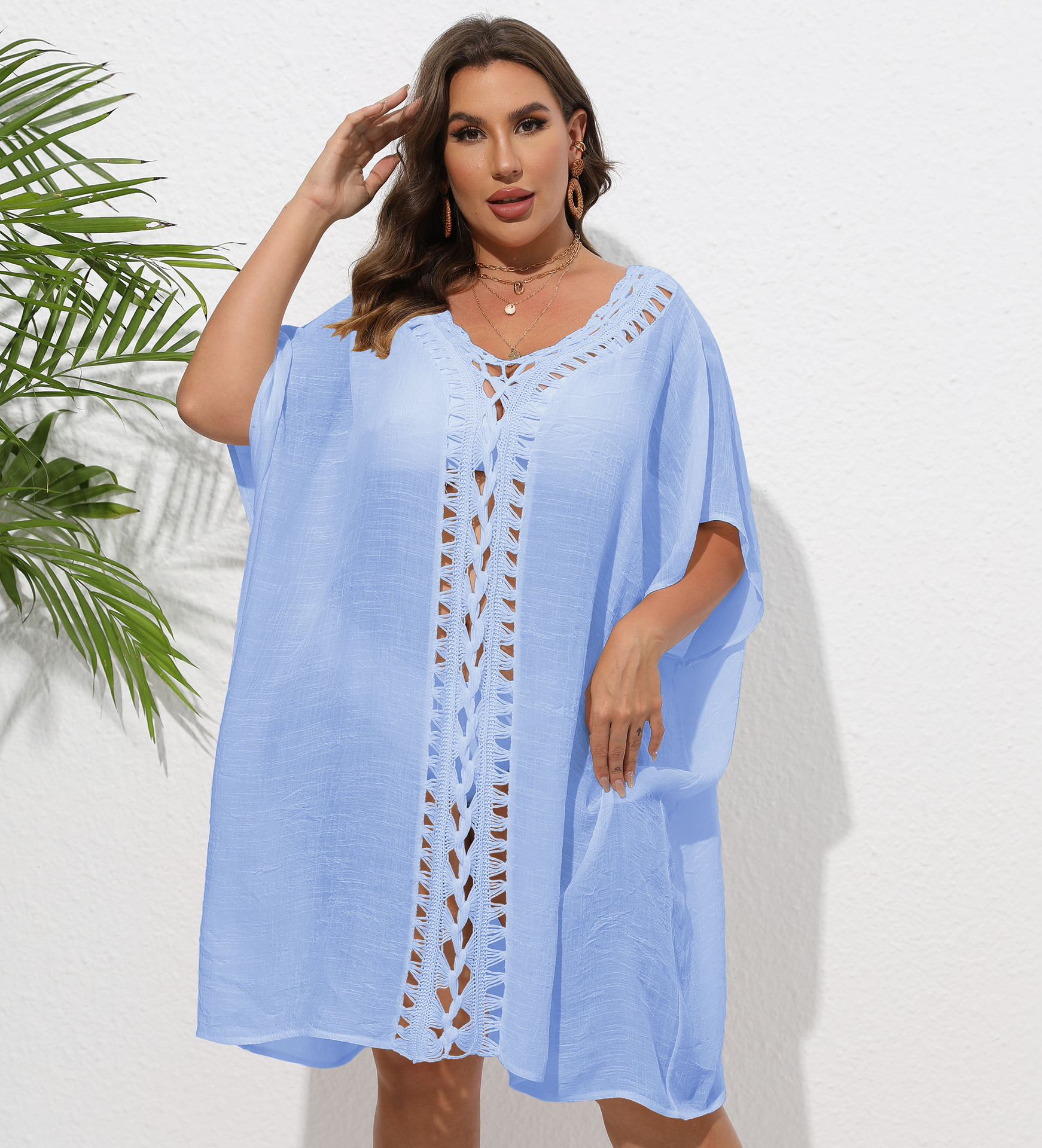 Women's Dress Plus Size Hand-Crocheted Lace-Up Loose Beach Bikini Outer Cover-Up