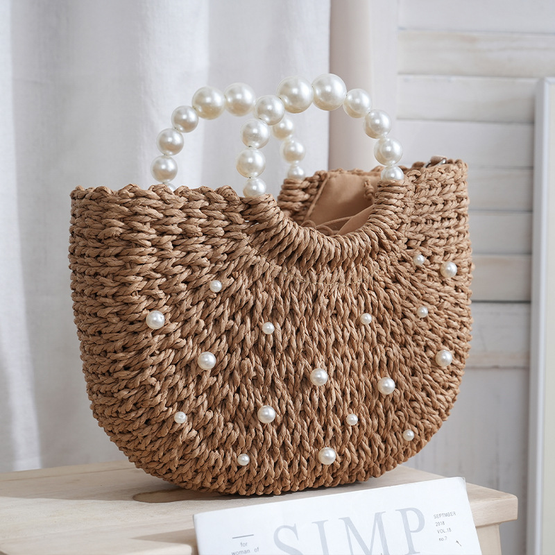 Large capacity pearl handbag straw woven simple tote bag woven semi-circular crossbody bag beaded
