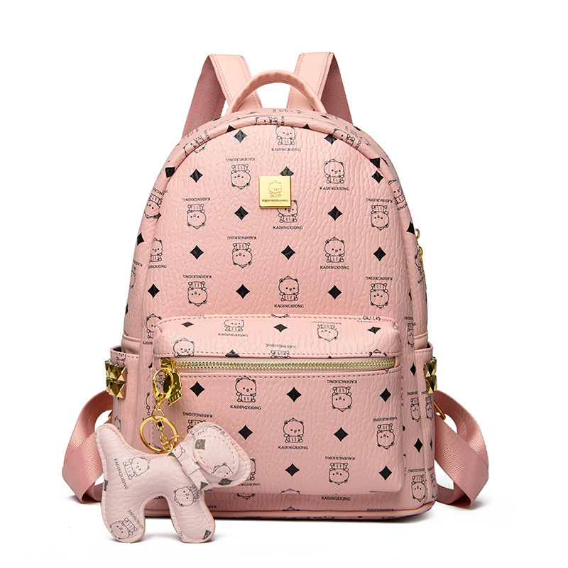 Brand M bear rivet double-shoulder bag fan print diamond quilted double-shoulder women's bag with pendant high-quality leather schoolbag