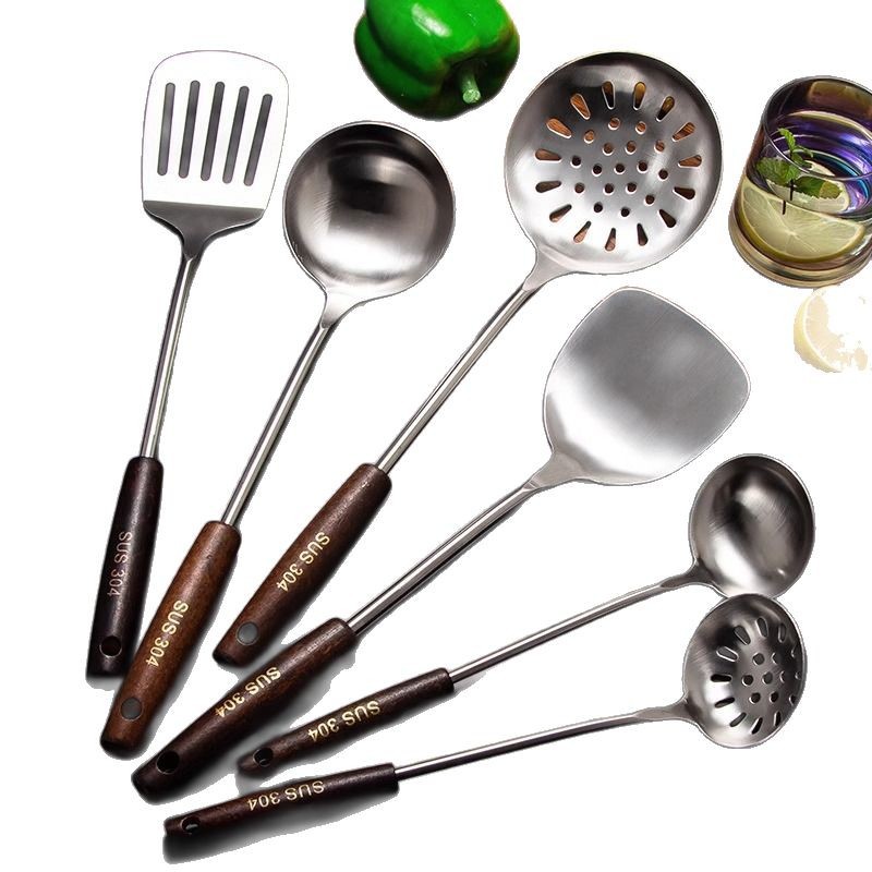 304 Stainless Steel Spatula Frying Spoon Thickened Frying Spoon Soup Spoon Slotted Spoon Home Kitchen Utensils Set Wooden Handle Spatula