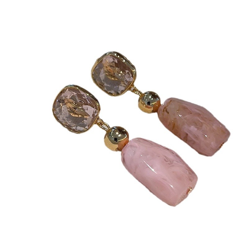 New 18K Metal Style Pink Jade Earrings 925 Silver Needle Sweet Simple Summer Ear Accessories