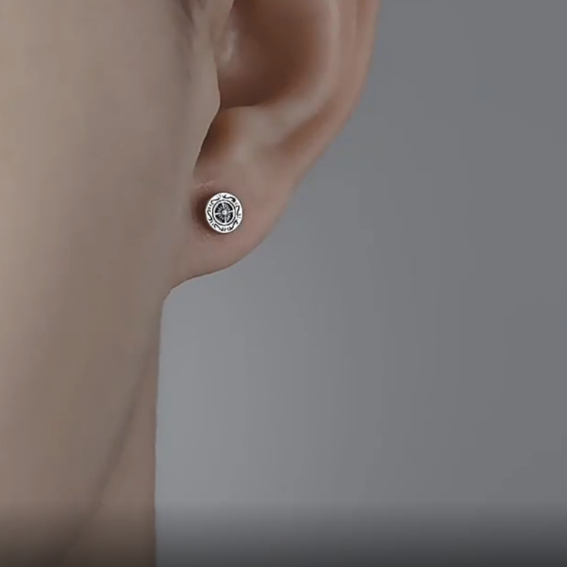 925 silver needle earrings for men, vintage ship wheel ear bone stud single earring not easy to allergy for men