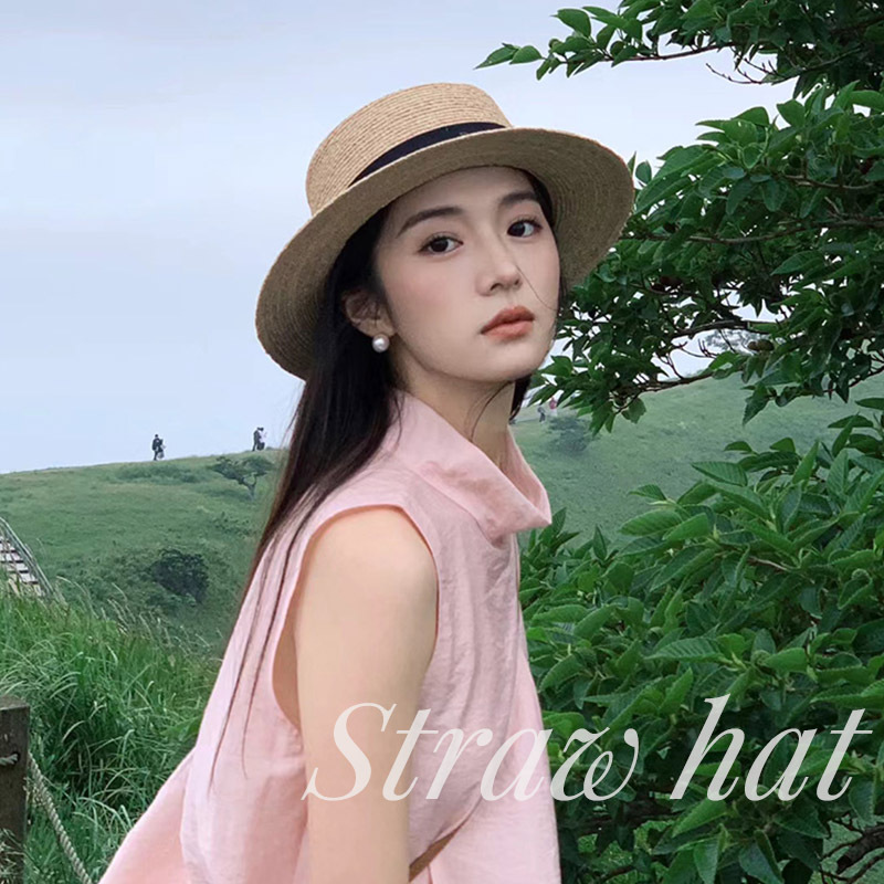 Flat Top Woven Straw Hat for Women, Sweet Beach Sun Protection Fisherman Hat, Wide Brim, Face Slimming Basin Hat