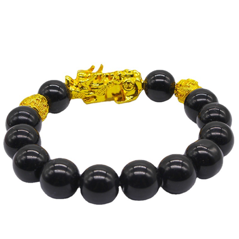 Ethnic style 12mm six-character mantra bracelet gold-plated Pi Xiu imitation obsidian large size men's leather ball bracelet
