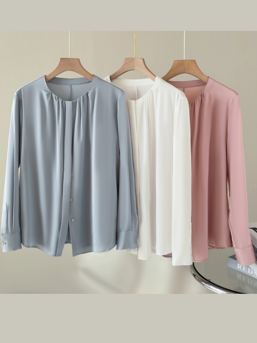 Satin round neck mulberry silk shirt women's 2026 spring new pleated silk long-sleeved top