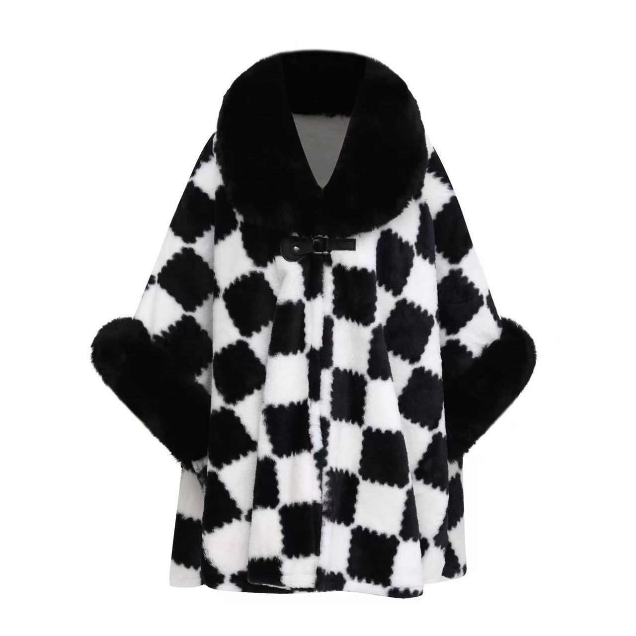 0952# Autumn Winter New Shawl Plus Size Loose Large Fur Collar Fleece Lined Thickened Cape Shawl Printed Wool Coat