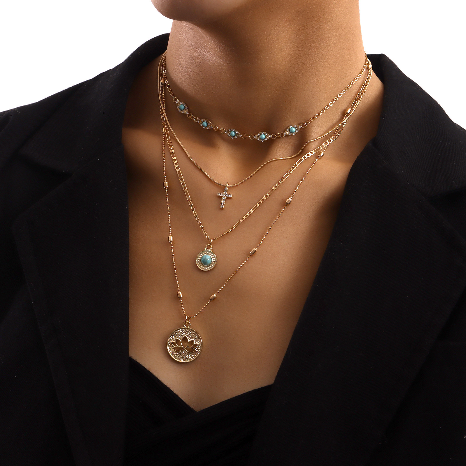 Accessories Multi-layer Small Hole Chain Hollow Flower Rhinestone Cross Pendant Necklace for Women