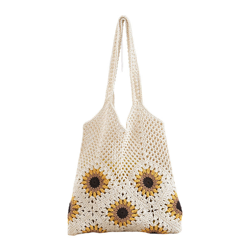 Summer Fresh Cotton Lace Hollow Out Crochet Bag Sunflower Shoulder Bag Commute Beach Vacation Women's Bag