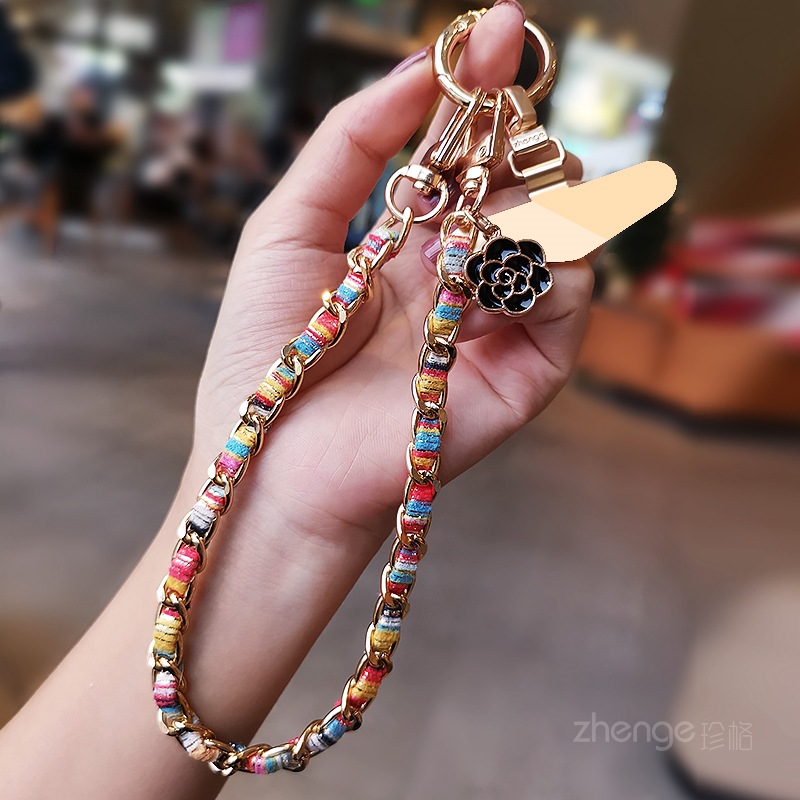 Mobile phone lanyard small fragrance camellia tag pendant phone chain wrist hanging decoration short metal chain