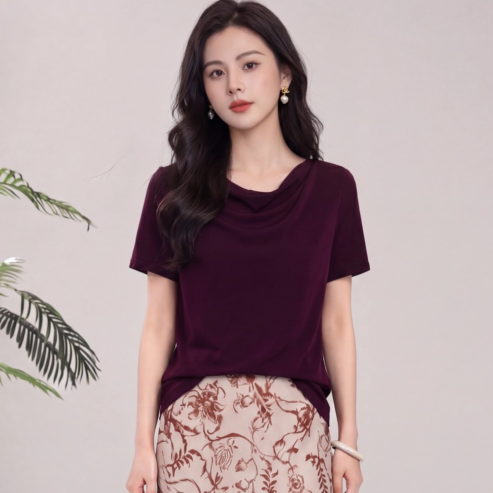 Draped collar acetate short-sleeve white T-shirt women's summer pleated waist top
