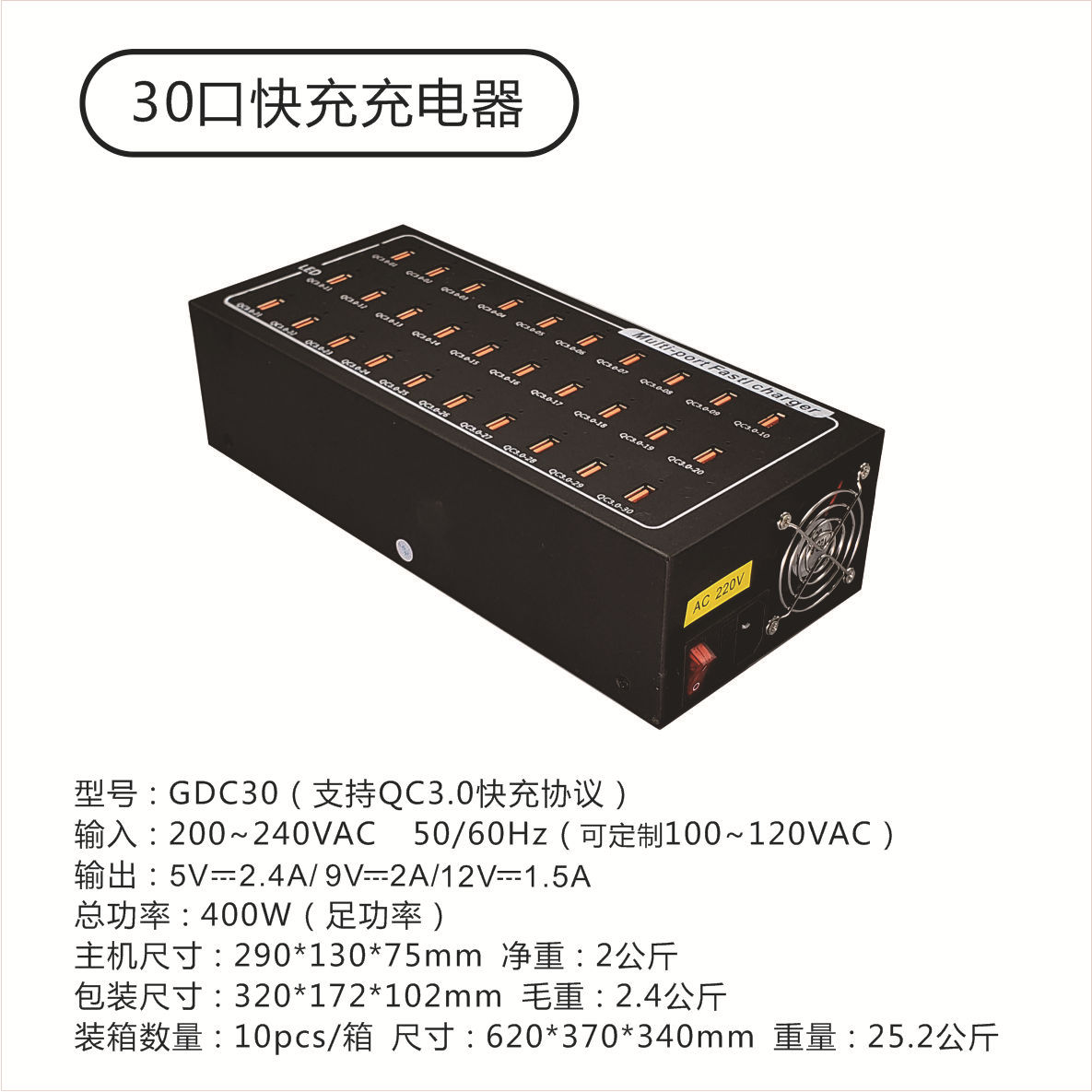 Gujia PD 10-60 Port Desktop Charger USB Plug Multi-Port TYPE-C 45W Fast Charging Phone Charging Station